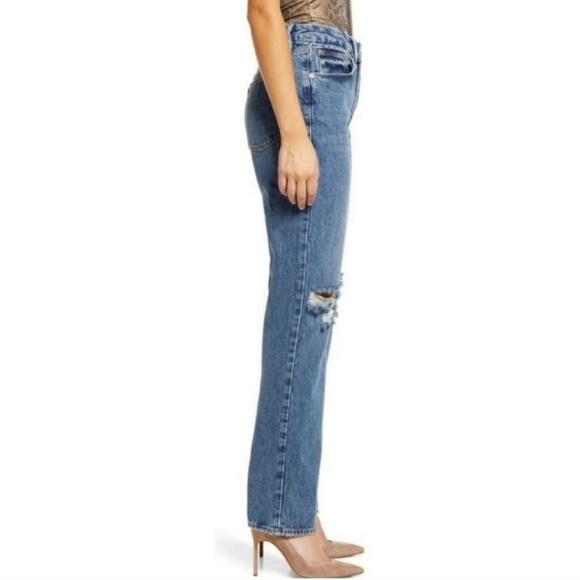 NWT Good American Good 90s Slim Ripped Knee Straight Jeans in Indigo - Picture 3 of 14